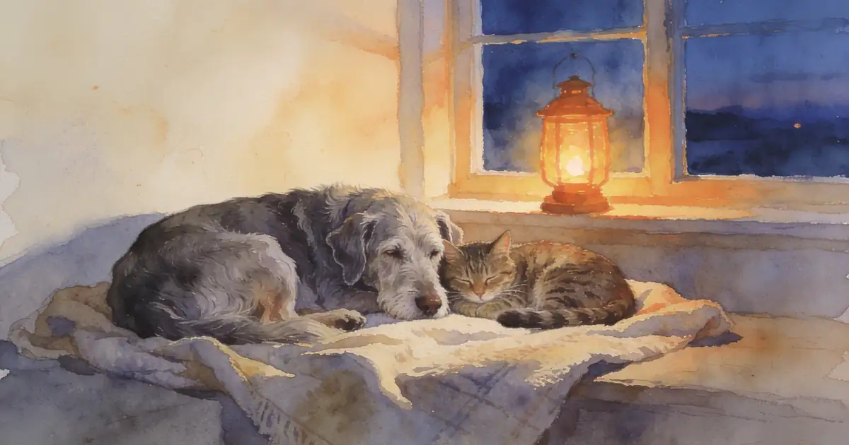 Illustration of an old gray-muzzled dog resting on a blanket by a window with a gentle lantern glow at dusk