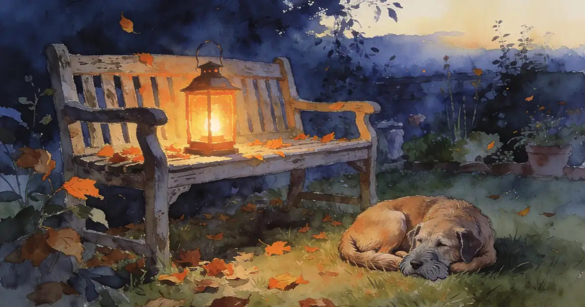 Illustration of a lit lantern on a garden bench among autumn leaves at dusk, with an old dog resting in the grass