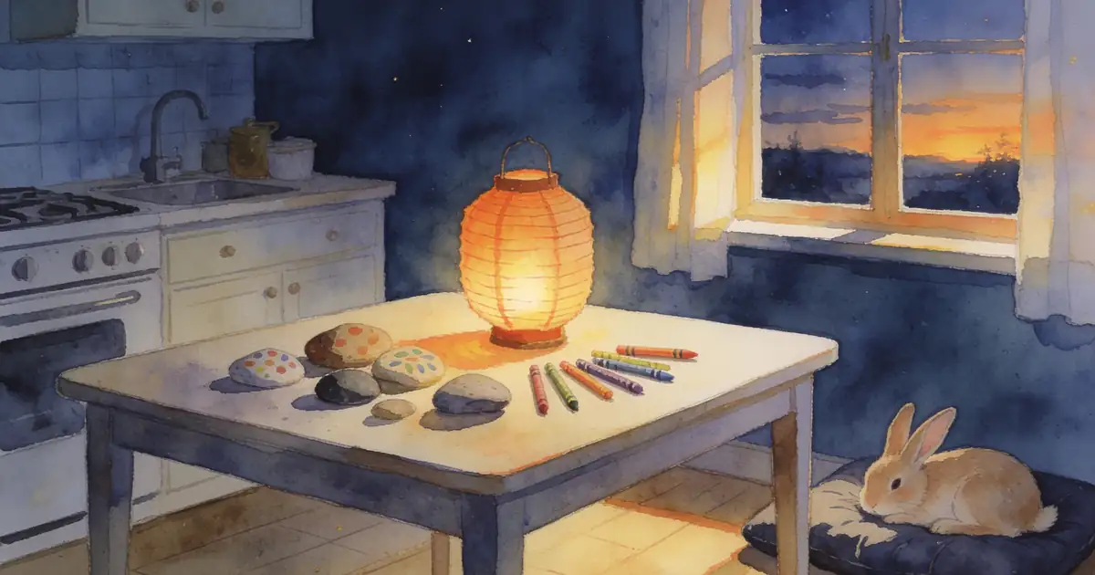 Illustration of a table with painted stones, crayons and a small lantern, with a rabbit resting on a cushion nearby