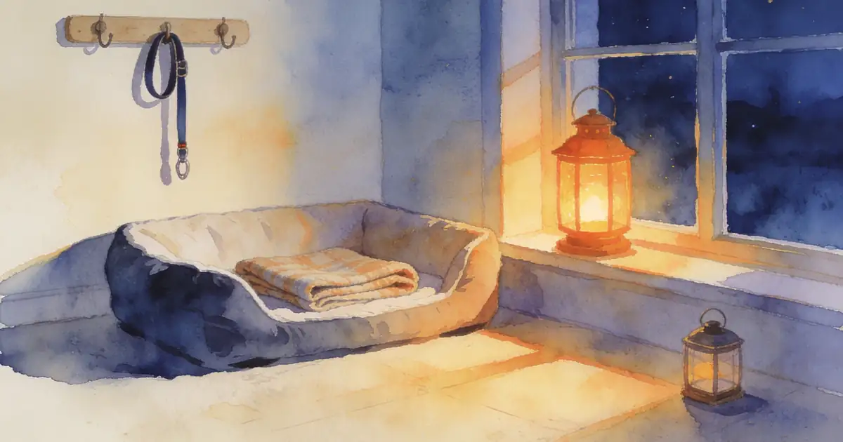 Illustration of an empty cozy pet bed with a folded blanket by a window, a leash on a hook and a small lantern