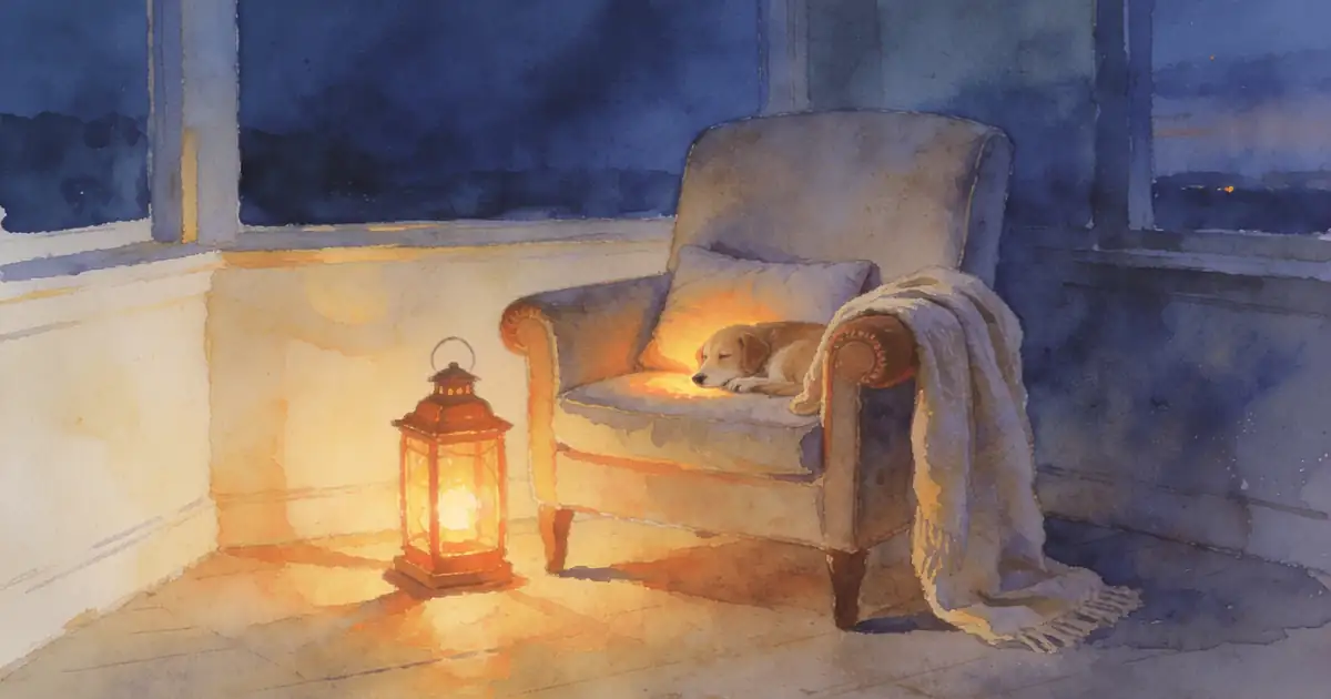 Illustration of an empty armchair with a soft blanket and a glowing lantern in a quiet room at dusk