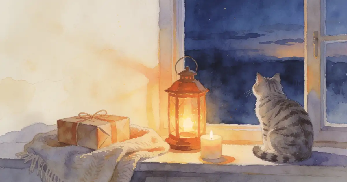 Illustration of a wrapped gift, a blanket and a glowing lantern on a windowsill with a tabby cat watching the twilight sky
