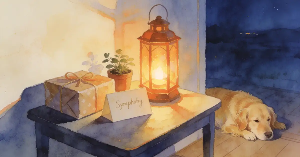 Illustration of a wrapped gift, a small potted plant and a card beside a glowing lantern, with a golden dog resting on the floor