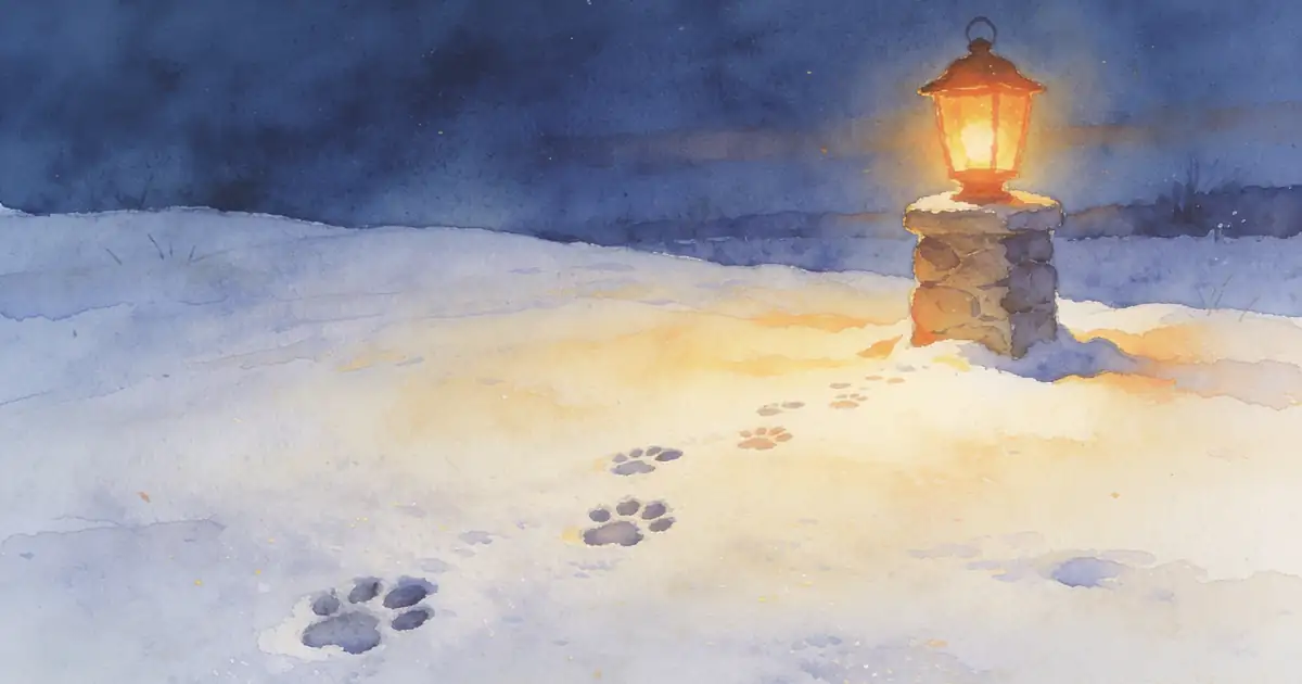 Illustration of paw prints in fresh snow leading to a glowing lantern on a stone post at dusk