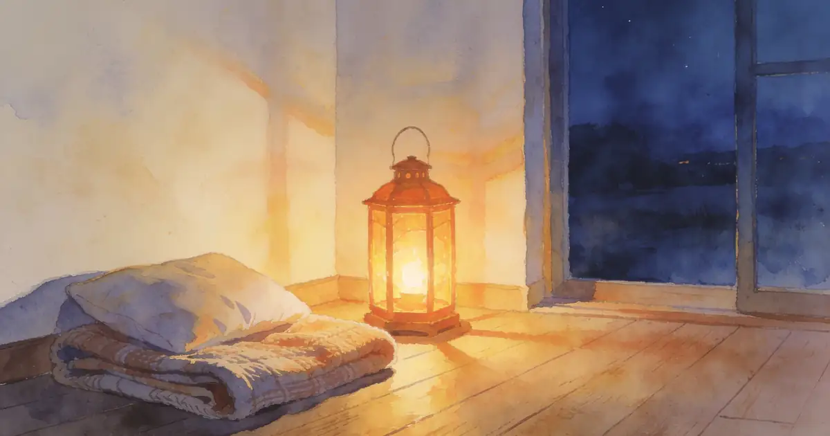 Illustration of a folded blanket and pillow on a wooden floor beside a glowing lantern in a quiet room at dusk