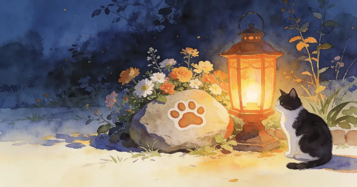 Illustration of a garden stone with a painted paw print among flowers beside a lantern, with a black and white cat nearby
