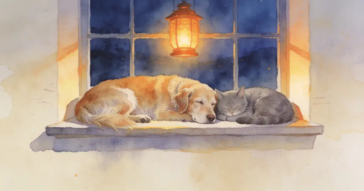 Illustration of an old dog and a gray cat sleeping together on a window seat beneath a glowing lantern