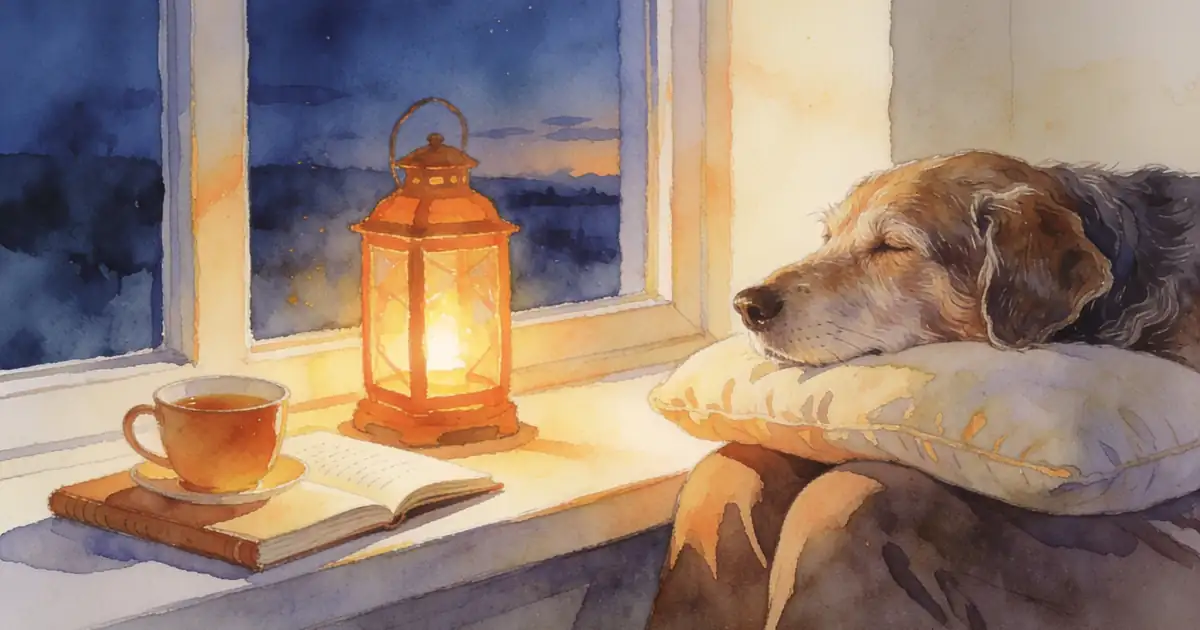 Illustration of a cup of tea, a journal and a glowing lantern on a window seat at dusk, with an old dog resting nearby